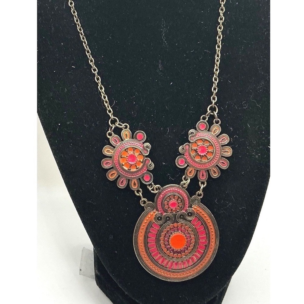 Boho Red & Orange Medallion Necklace - 16" + 2" extender‎